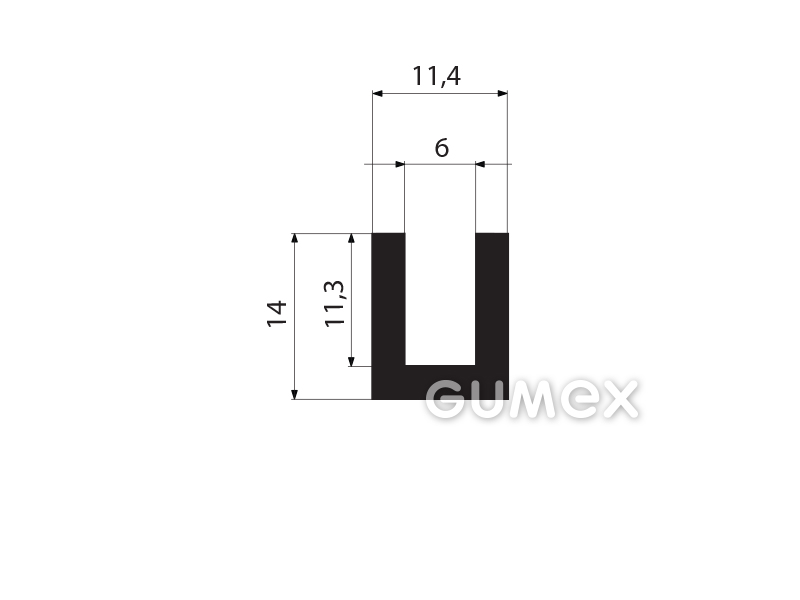 "U" Gummiprofil, 14x11,4/6mm, 70°ShA, EPDM, -40°C/+100°C, schwarz, 